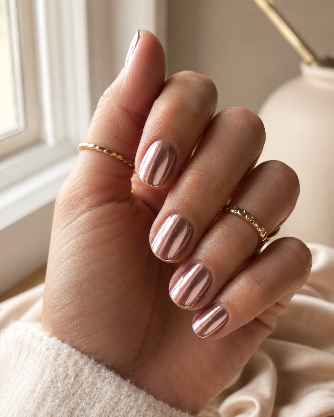 Kurze Chrome-Nägel in Soft Rosé
